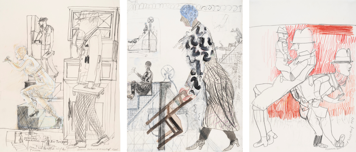Three drawings by Romane Holderried Kaesdorf show figures in motion and interaction. The scenes are dynamic and rich in detail., &copy; &copy;Nachlass Romane Holderried Kaesdorf / Foto: Frank Kleinbach, Stuttgart