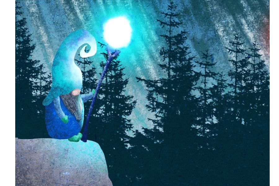 Ein blauer Gnom mit leuchtendem Stab steht auf einem Felsen vor einem dunklen Wald. Der Himmel ist in Blau- und Grüntönen gehalten., © von betidraws über pixabay