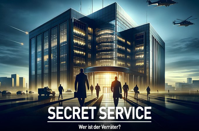 An illuminated building at night, people and helicopter in the foreground. Lettering: SECRET SERVICE - Who is the traitor?, © TeamEscape Stuttgart An illuminated building at night, people and helicopter in the foreground. Lettering: SECRET SERVICE - Who is the traitor?, © TeamEscape Stuttgart