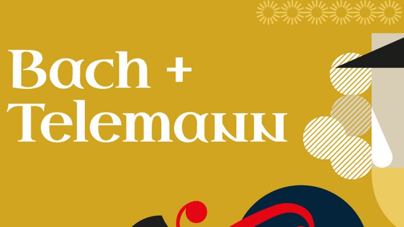 Grafik mit dem Text 'Bach + Telemann' auf gelbem Hintergrund, verziert mit abstrakten Formen und Mustern., &copy; Simone Nilius