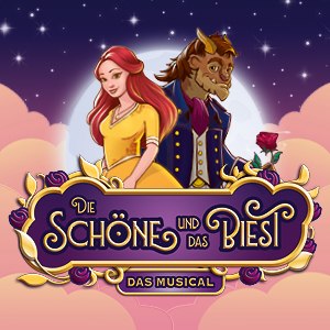 Belle und das Biest vor einem Mond, umgeben von rosa Wolken. Schriftzug: 'Die Schöne und das Biest - Das Musical'., © Theater Liberi