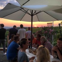 Menschen sitzen unter Sonnenschirmen in einem Weinberg und genie&szlig;en den Sonnenuntergang. Einige stehen und blicken in die Ferne., &copy; Weingut Diehl
