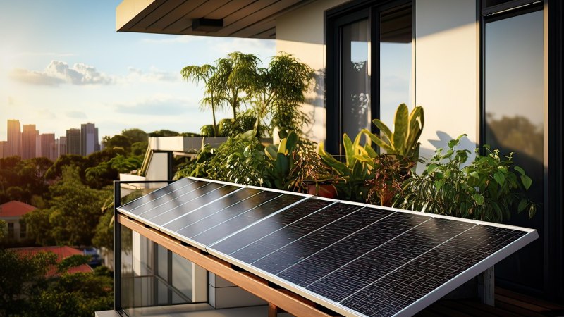 Ein Solarmodul auf einem modernen Balkon, umgeben von Pflanzen, mit Blick auf eine Stadt im Hintergrund bei Sonnenuntergang., © Franz26 / pixabay.com