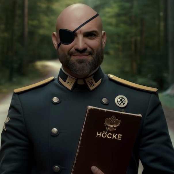 Person in uniform with eye patch holding a book with the inscription 'H&ouml;cke' in a forest., &copy; Renitenztheater Stuttgart e.V.