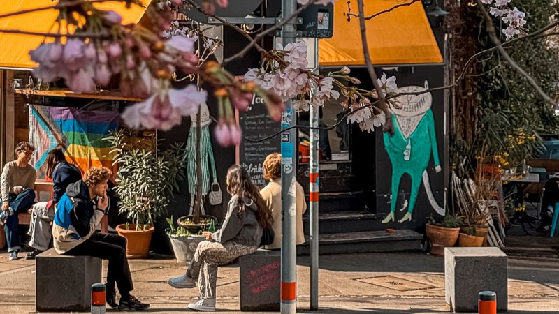 A cozy street caf&eacute; with a yellow sunshade, rainbow flag and blooming cherry blossoms. People sit relaxed in front of it., &copy; Caf&eacute; Moody, Stuttgart