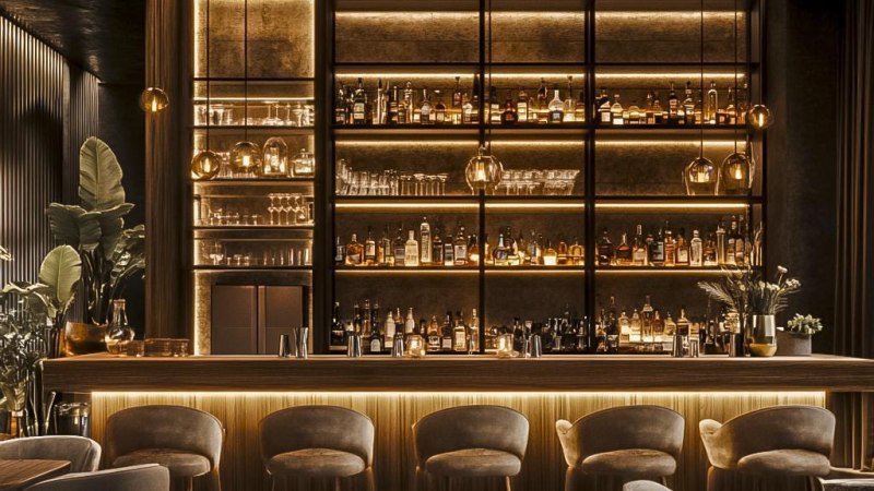 Elegante Bar mit indirekter Beleuchtung, Regale voller Flaschen und Gläser, stilvolle Hocker und Pflanzen dekorieren den Raum., © KI-generiert Elegante Bar mit indirekter Beleuchtung, Regale voller Flaschen und Gläser, stilvolle Hocker und Pflanzen dekorieren den Raum., © KI-generiert