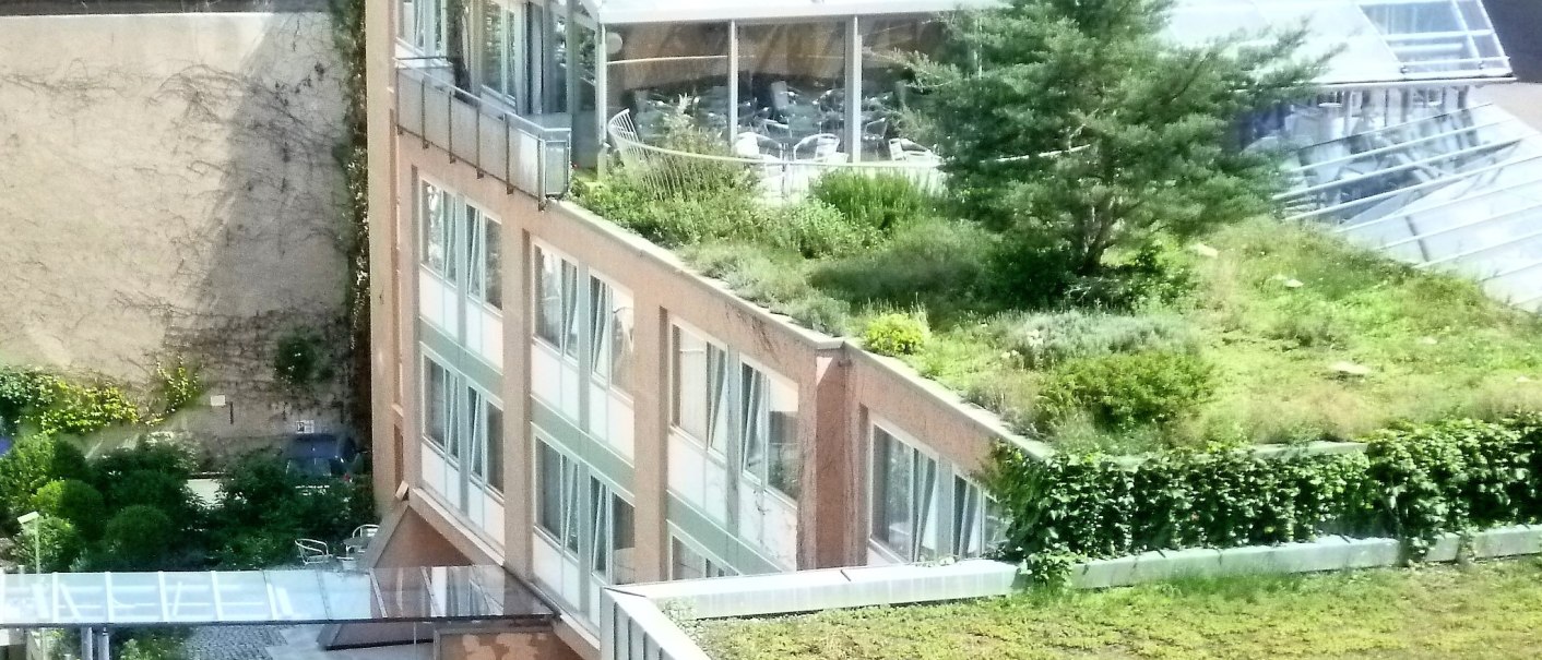 Ein Gebäude mit begrüntem Dach und Glasdachkonstruktion. Pflanzen und Bäume wachsen auf dem Dach, das von Glasstrukturen umgeben ist., © Abalon Hotel Ideal Ein Gebäude mit begrüntem Dach und Glasdachkonstruktion. Pflanzen und Bäume wachsen auf dem Dach, das von Glasstrukturen umgeben ist., © Abalon Hotel Ideal