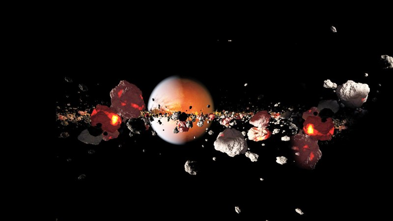 Ein Planet umgeben von Asteroiden und leuchtenden Brocken im Weltraum, die eine kosmische Kollision darstellen., © Planetarium Stuttgart Ein Planet umgeben von Asteroiden und leuchtenden Brocken im Weltraum, die eine kosmische Kollision darstellen., © Planetarium Stuttgart