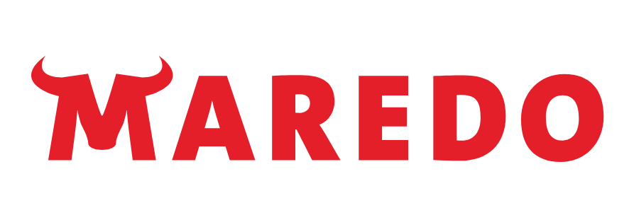 Red Maredo logo with stylized bull's horns above the letter M on a white background., &copy; MAREDO