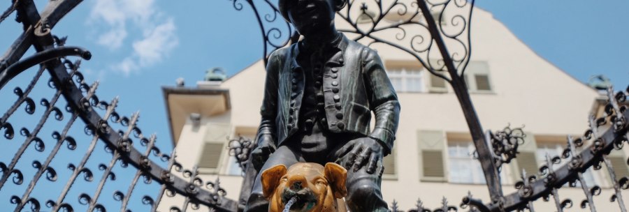 The Hans-im-Gl&uuml;ck fountain shows a figure sitting on a pig. Water flows from the pig's mouth. A building can be seen in the background., &copy; Susi Maier, blackdotswhitespots.com