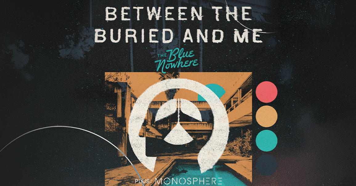 Poster f&uuml;r 'Between The Buried And Me' mit einem stilisierten Symbol und bunten Kreisen auf dunklem Hintergrund., &copy; links im Bild