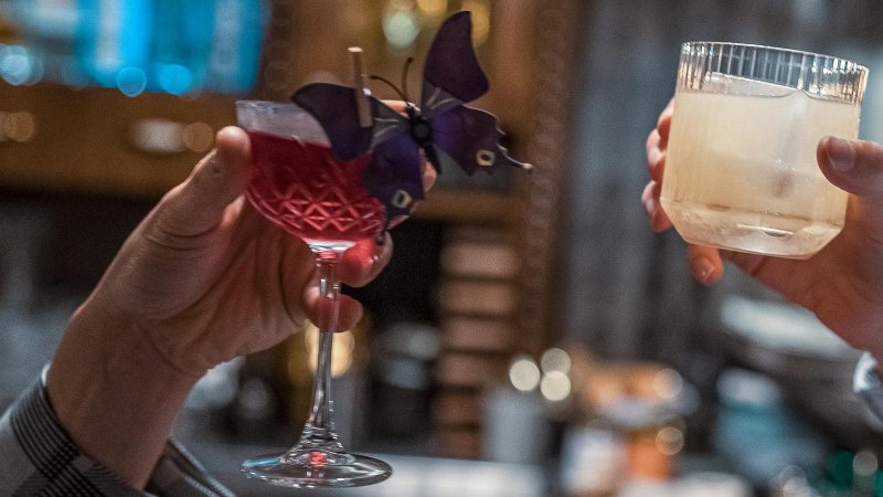 Zwei Hände stoßen mit Cocktails an, einer rot mit Schmetterlingsdeko, der andere klar mit Eiswürfel., © SMG, Martina Denker Zwei Hände stoßen mit Cocktails an, einer rot mit Schmetterlingsdeko, der andere klar mit Eiswürfel., © SMG, Martina Denker