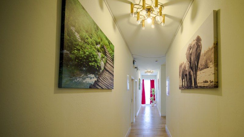 Ein heller Hotelkorridor mit Holzboden, dekoriert mit Natur- und Elefantenbildern. Eine moderne Deckenleuchte und rote Vorhänge am Ende des Flurs., © Hotel Ri Ein heller Hotelkorridor mit Holzboden, dekoriert mit Natur- und Elefantenbildern. Eine moderne Deckenleuchte und rote Vorhänge am Ende des Flurs., © Hotel Ri