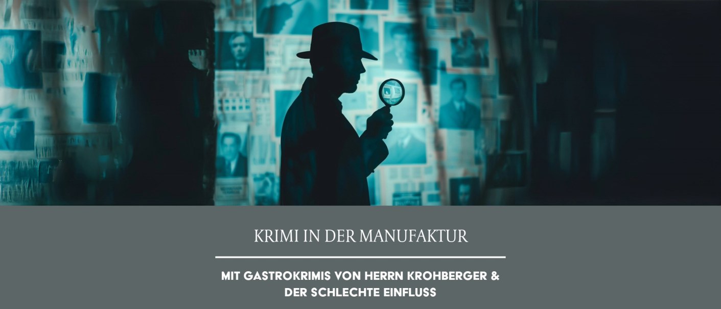 A detective standing in the shadows examines a wall covered with photos and newspaper clippings using a magnifying glass. The text below advertises mystery events., © Weinmanufaktur Stuttgart eG A detective standing in the shadows examines a wall covered with photos and newspaper clippings using a magnifying glass. The text below advertises mystery events., © Weinmanufaktur Stuttgart eG