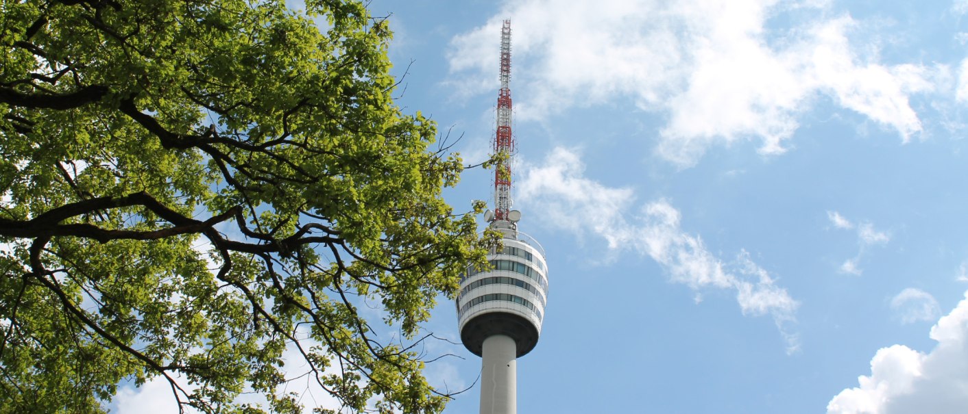 Der Fernsehturm Stuttgart ragt in den blauen Himmel, umgeben von gr&uuml;nen Baumzweigen., &copy; Stuttgart-Marketing GmbH