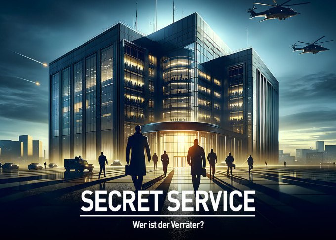 Ein beleuchtetes Geb&auml;ude bei Nacht, Menschen und Hubschrauber im Vordergrund. Schriftzug: SECRET SERVICE - Wer ist der Verr&auml;ter?, &copy; TeamEscape Stuttgart
