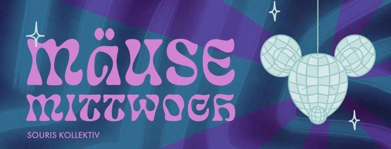 Bunte Grafik mit dem Text 'Mäuse Mittwoch' in lila Schrift und einer Disco-Kugel in Form von Mausohren auf blauem Hintergrund., © Kollektiv souris