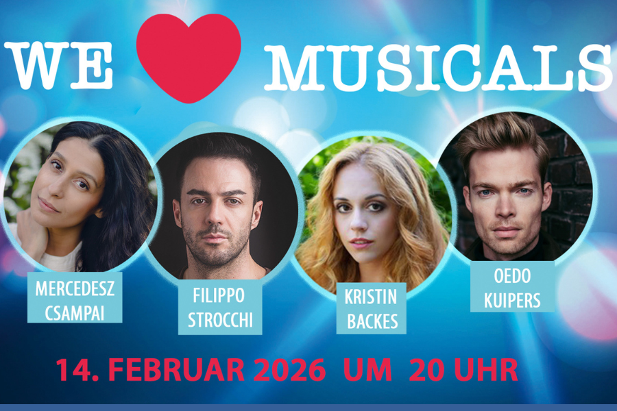 Plakat für 'We love Musicals' mit Bildern von vier Künstlern und Eventdetails für den 14. Februar 2026 um 20 Uhr., © Friedrichsbau Varieté Plakat für 'We love Musicals' mit Bildern von vier Künstlern und Eventdetails für den 14. Februar 2026 um 20 Uhr., © Friedrichsbau Varieté