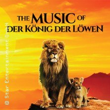 A lion and a cub on a rock before sunset. Text: The Music of The Lion King., &copy; see on the left