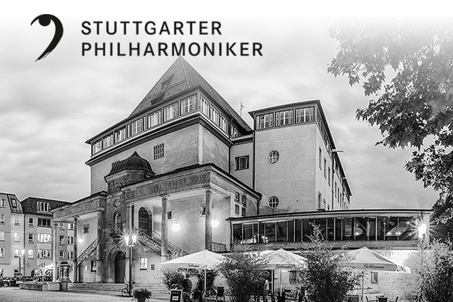 Black and white photo of the Gustav Siegle House in Stuttgart, with the logo of the Stuttgart Philharmonic Orchestra at the top left. Building with columns and terrace., &copy; Christoph Kalck