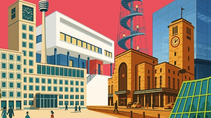 Illustration von Stuttgarter Wahrzeichen, darunter der Fernsehturm und der Hauptbahnhof, vor einem roten Hintergrund. Menschen gehen auf einem Platz spazieren., © StadtPalais – Museum für Stuttgart