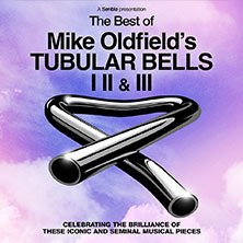 Albumcover von Mike Oldfield's Tubular Bells I, II & III mit metallischem Rohr auf lila Wolkenhintergrund., &copy; links im Bild