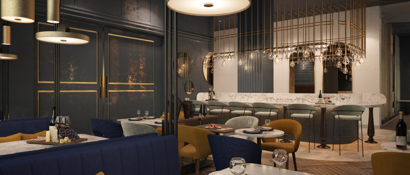 Elegantes Restaurant mit Marmortischen, blauen und gelben Stühlen, modernen Lampen und einer stilvollen Bar im Hintergrund., © Pullman Stuttgart Fontana