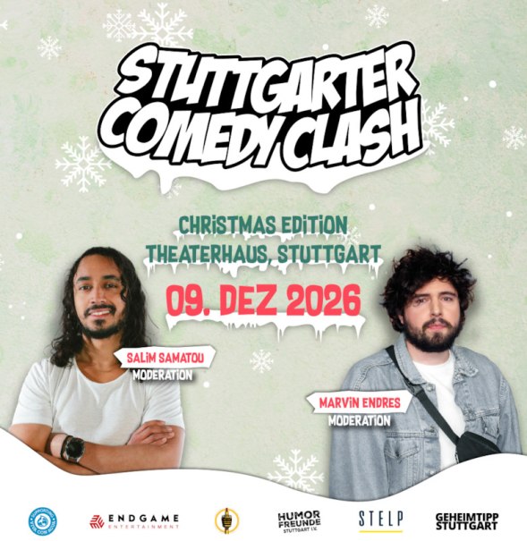 Werbeplakat f&uuml;r den Stuttgarter Comedy Clash Christmas Edition am 9. Dezember 2026 im Theaterhaus Stuttgart mit Moderatoren Salim Samatou und Marvin Endres., &copy; Theaterhaus Stuttgart e.V.