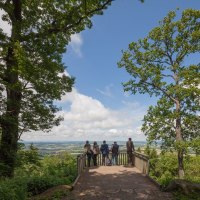 People stand on a viewing platform in the forest and look out over a vast landscape under a blue sky with clouds., © NPSFW People stand on a viewing platform in the forest and look out over a vast landscape under a blue sky with clouds., © NPSFW