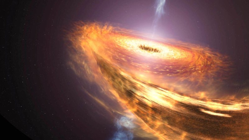 Illustration eines Schwarzen Lochs mit leuchtender Akkretionsscheibe im Weltraum, umgeben von Sternen., &copy; Planetarium Stuttgart