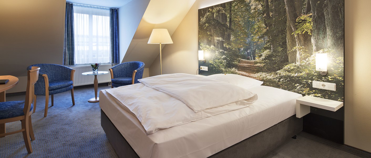 A stylishly furnished single room with a large bed, blue armchairs and a table. The wall is decorated with a picture of a forest, which creates a calming atmosphere., © Erikson Hotel