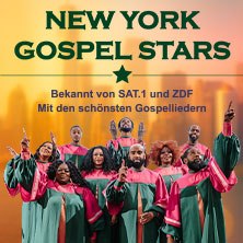 Gruppe von Gospel-Sängern in bunten Roben. Text: "New York Gospel Stars, bekannt von SAT.1 und ZDF, mit den schönsten Gospelliedern"., © links im Bild Gruppe von Gospel-Sängern in bunten Roben. Text: "New York Gospel Stars, bekannt von SAT.1 und ZDF, mit den schönsten Gospelliedern"., © links im Bild