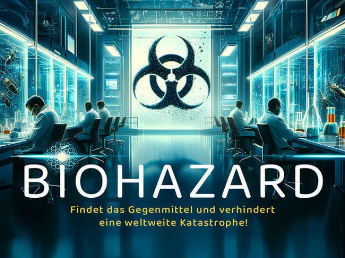 Labor mit Wissenschaftlern, die an Tischen arbeiten. Ein großes Biohazard-Symbol ist an der Wand zu sehen. Text: "BIOHAZARD - Findet das Gegenmittel und verhindert eine weltweite Katastrophe!", © TeamEscape Stuttgart Labor mit Wissenschaftlern, die an Tischen arbeiten. Ein großes Biohazard-Symbol ist an der Wand zu sehen. Text: "BIOHAZARD - Findet das Gegenmittel und verhindert eine weltweite Katastrophe!", © TeamEscape Stuttgart