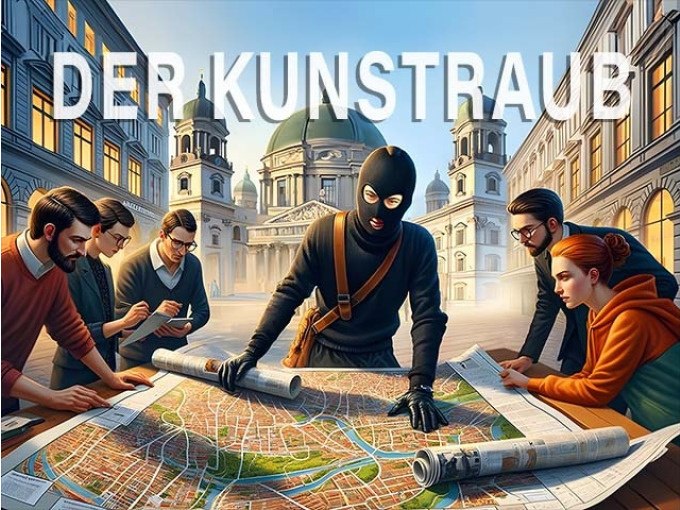 Eine maskierte Person und fünf andere planen einen Kunstraub mit einer großen Karte in einer urbanen Umgebung., © TeamEscape Stuttgart Eine maskierte Person und fünf andere planen einen Kunstraub mit einer großen Karte in einer urbanen Umgebung., © TeamEscape Stuttgart