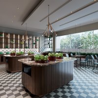 Elegant buffet with marble tables, green decorations and large windows that let in plenty of light. The room has a modern design with a checkered floor., © Scandic Hotels Elegant buffet with marble tables, green decorations and large windows that let in plenty of light. The room has a modern design with a checkered floor., © Scandic Hotels