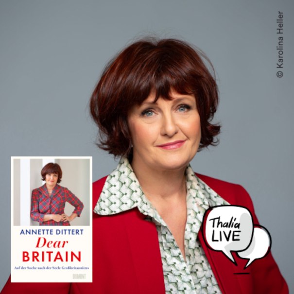 Eine Frau in rotem Blazer posiert neben dem Buchcover von 'Dear Britain'. Das Bild ist mit 'Thalia LIVE' gekennzeichnet., © Thalia Deutschland GmbH & Co. KG Eine Frau in rotem Blazer posiert neben dem Buchcover von 'Dear Britain'. Das Bild ist mit 'Thalia LIVE' gekennzeichnet., © Thalia Deutschland GmbH & Co. KG