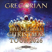 Goldgekleidete Figuren vor einem weihnachtlichen Hintergrund, dar&uuml;ber der Schriftzug 'GREGORIAN - The Magical Christmas Tour 2026'., &copy; links im Bild