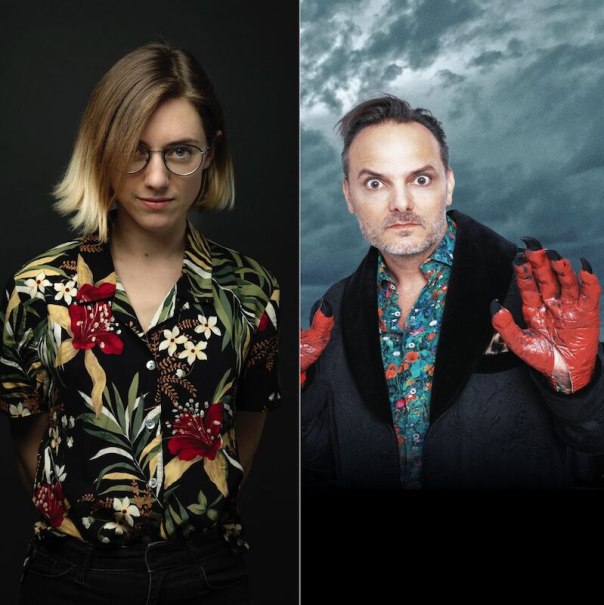 Zwei Personen nebeneinander: links eine Person mit Brille und Blumenhemd, rechts eine Person mit roten Handschuhen vor dunklem Hintergrund., © Renitenztheater Stuttgart e.V.