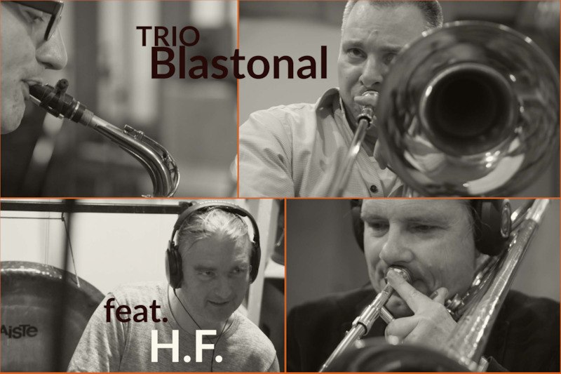 Collage von Musikern des Trios Blastonial mit Blasinstrumenten. Ein Musiker tr&auml;gt Kopfh&ouml;rer. Text: 'feat. H.F.', &copy; Theaterhaus Stuttgart e.V.