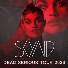 Poster of the SKYND Dead Serious Tour 2026 with red background and portrait of a person., © see on the left Poster of the SKYND Dead Serious Tour 2026 with red background and portrait of a person., © see on the left