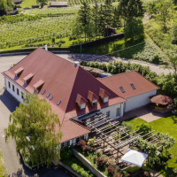 Luftaufnahme eines Geb&auml;udes mit rotem Dach, umgeben von Weinbergen und gr&uuml;ner Landschaft. Ein Garten mit Pergola und Sonnenschirm ist sichtbar., &copy; Collegium Wirtemberg