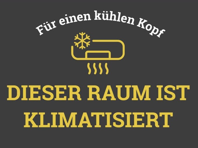 Sign with the words 'This room is air-conditioned' and an air conditioning symbol. At the top it says 'For a cool head'. The background is dark gray., © TeamEscape Stuttgart Sign with the words 'This room is air-conditioned' and an air conditioning symbol. At the top it says 'For a cool head'. The background is dark gray., © TeamEscape Stuttgart