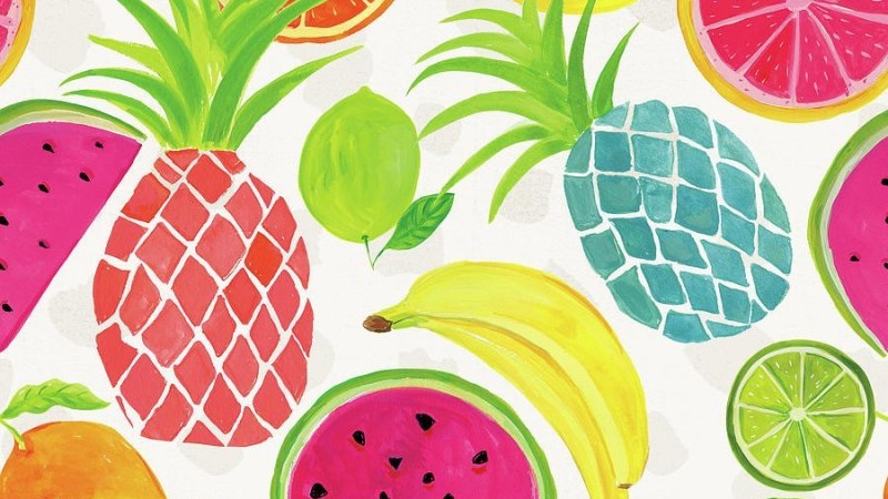 Bunte tropische Fr&uuml;chte wie Ananas, Wassermelone und Zitrusfr&uuml;chte auf wei&szlig;em Hintergrund illustriert., &copy; Farida Zaman