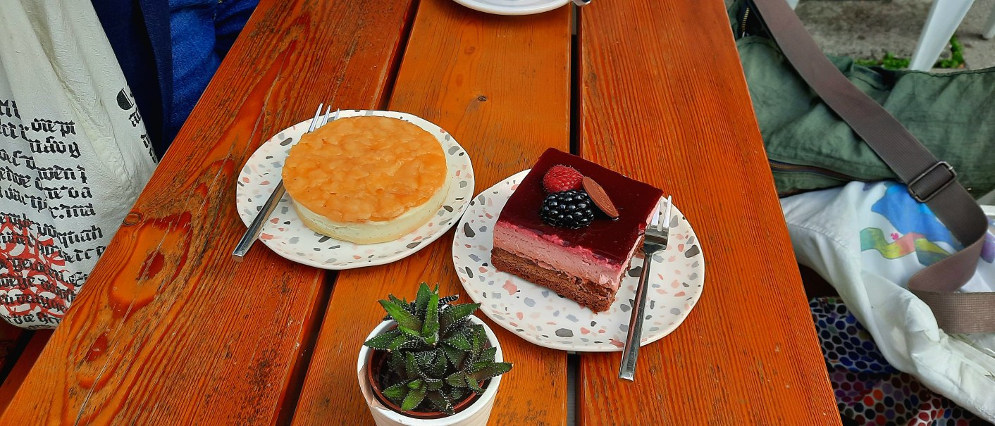 Zwei Stück Kuchen auf Tellern auf einem Holztisch, daneben eine kleine Pflanze. Ein Kuchen ist mit Beeren garniert., © SMG Zwei Stück Kuchen auf Tellern auf einem Holztisch, daneben eine kleine Pflanze. Ein Kuchen ist mit Beeren garniert., © SMG