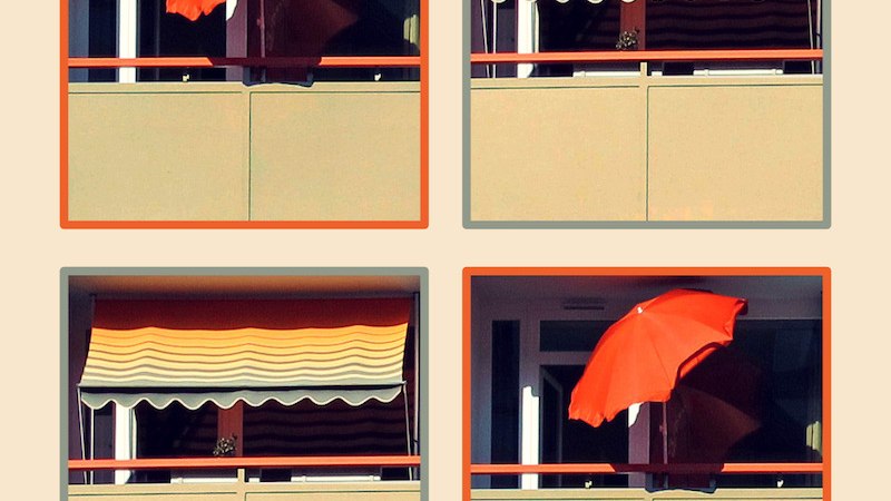 Four pictures show a balcony with a red parasol and striped awning in different views., © Theater der Altstadt Four pictures show a balcony with a red parasol and striped awning in different views., © Theater der Altstadt