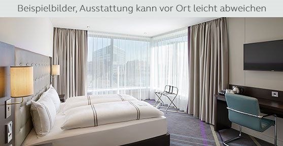 Modern hotel room with large bed, desk, TV and large windows. Note: Furnishings may vary., &copy; Premier Inn
