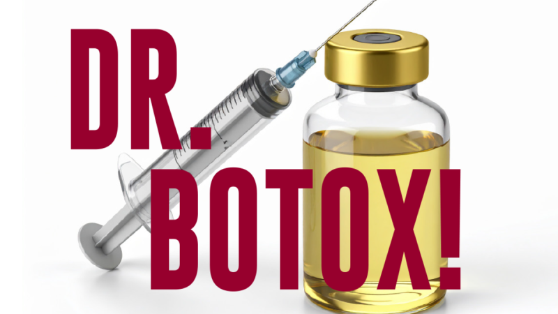 Spritze und Fläschchen mit gelber Flüssigkeit, Text 'DR. BOTOX!' in großen roten Buchstaben., © Theaterschiff Stuttgart