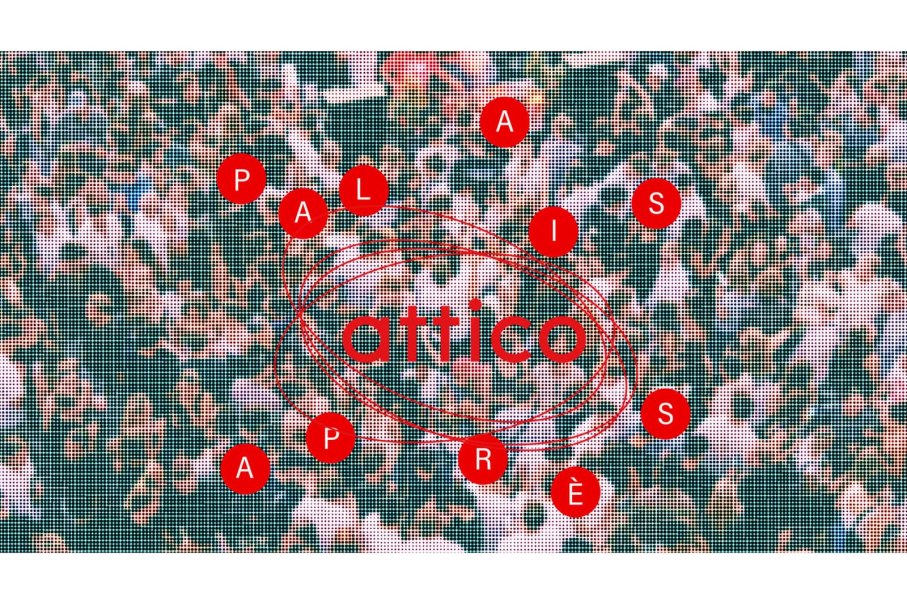 Grafik mit dem Text 'Palais après attico' in roten Buchstaben auf einem gepunkteten Hintergrund., © StadtPalais Grafik mit dem Text 'Palais après attico' in roten Buchstaben auf einem gepunkteten Hintergrund., © StadtPalais