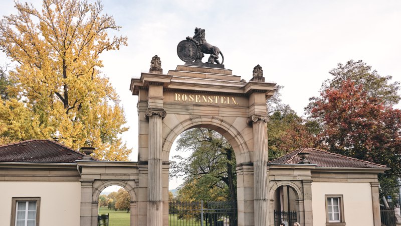 Historisches Tor mit 'Rosenstein'-Schriftzug, flankiert von Gebäuden. Herbstliche Bäume im Hintergrund, zwei Personen spazieren., © Stuttgart-Marketing GmbH, Christoph Düpper