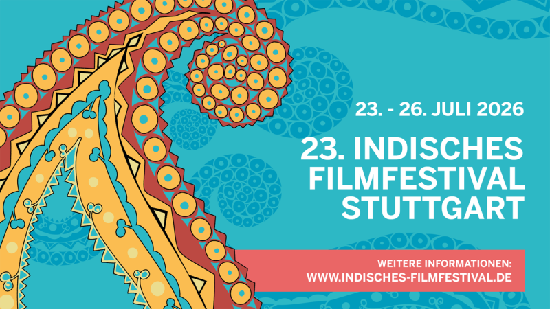 Bunte Grafik mit spiralf&ouml;rmigem Muster und Text zum 23. Indischen Filmfestival Stuttgart vom 23. bis 26. Juli 2026., &copy; IFFS